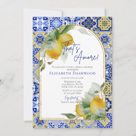 アモーレブルーイタリアンタイルレモンブライダルシャワー 招待状 (正面)