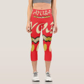 アヨバアフリカデザインブライトレッドとマスタード カプリレギンス (正面)