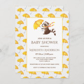 アライグマお洒落イエロー傘ベビーシャワー 招待状 (正面/裏面)