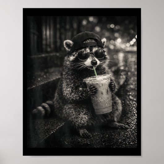 アライグマがアイスコーヒーを飲む面白い動物のミーム メンズ ポスター (正面)