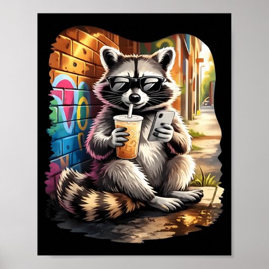 アライグマがアイスコーヒーを飲む面白い動物のミーム メンズ ポスター (正面)