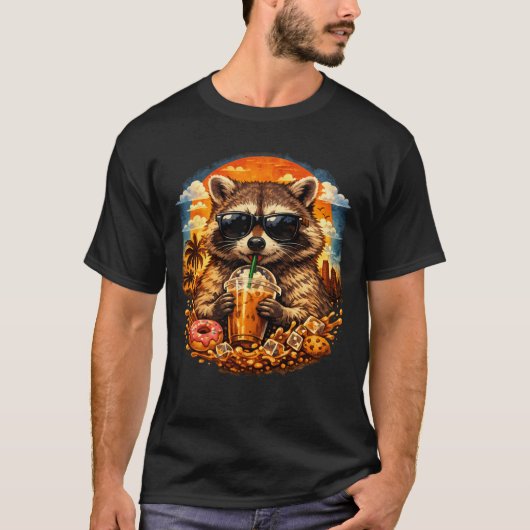 アライグマがアイスコーヒーを飲む面白い動物デザイン Tシャツ (正面)