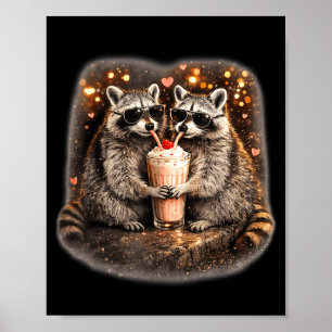 アライグマがアイスコーヒーを飲む おもしろ動物の表情 メンズ ポスター