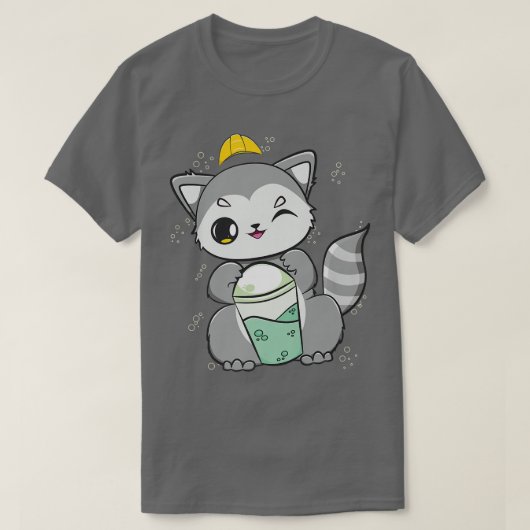 アライグマが建設作業員プレミアムのためにボバを飲む Tシャツ (デザイン正面)