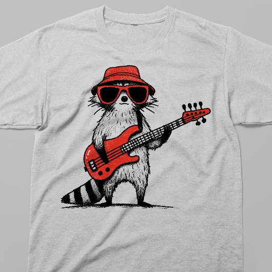 アライグマが赤いベースギターを演奏 Tシャツ