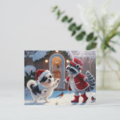 アライグマとかわいい犬のフェスティバルクリスマス ポストカード (スタンド正面)