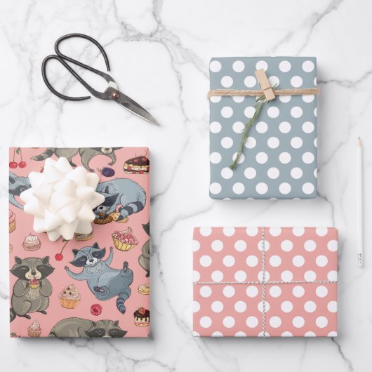 アライグマとデザート包装紙セット ラッピングペーパーシート (正面)