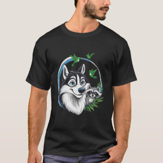 アライグマとハチドリに囲まれた幸せなハスキー Tシャツ