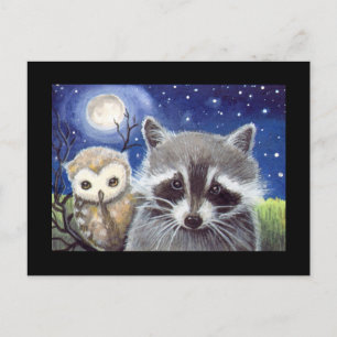 アライグマとフクロウの可愛いアート ポストカード
