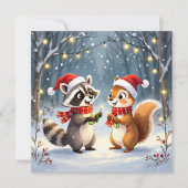 アライグマとリスがクリスマスイルミネーションを飾る シーズンカード (正面)