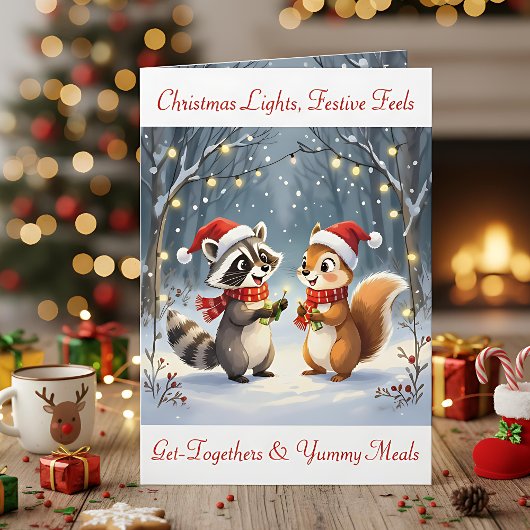 アライグマとリスがクリスマスイルミネーションを飾る シーズンカード