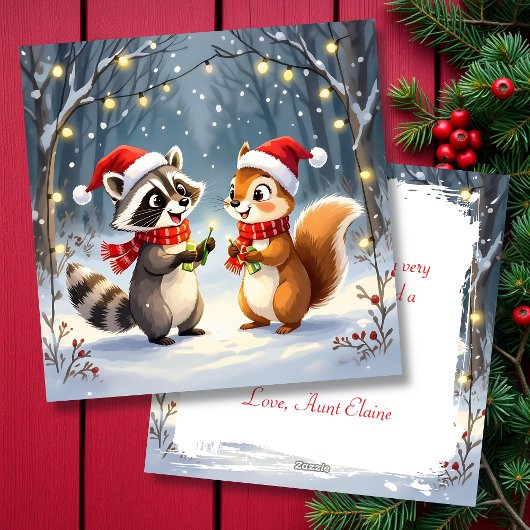 アライグマとリスがクリスマスイルミネーションを飾る シーズンカード