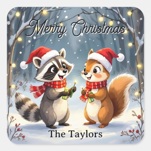 アライグマとリスがクリスマスイルミネーションを飾る スクエアシール (正面)