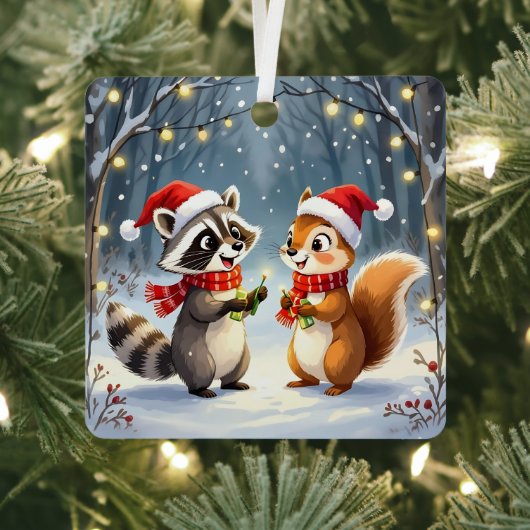 アライグマとリスがクリスマスイルミネーションを飾る メタルオーナメント (インサイチュ)