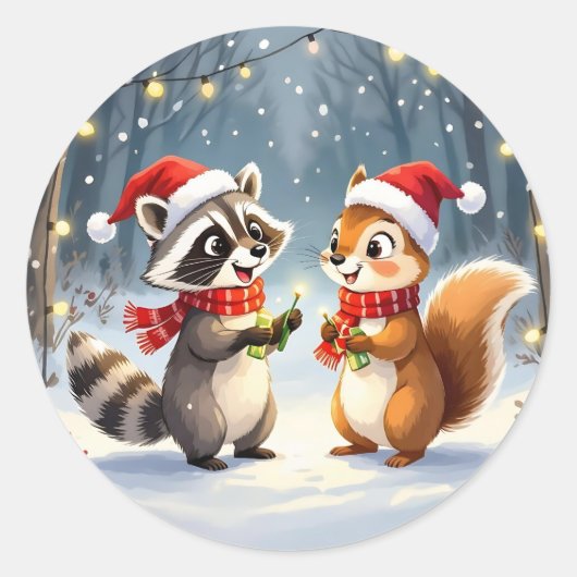 アライグマとリスがクリスマスイルミネーションを飾る ラウンドシール (正面)