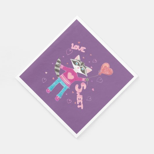 アライグマと紫バレンタインデーのナプキン スタンダードランチョンナプキン (角)