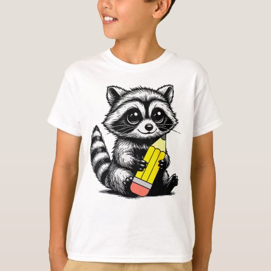 アライグマと鉛筆可愛いアライグマ先生恋人 Tシャツ (正面)