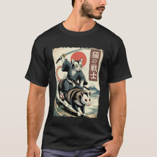 アライグマに乗る猫の浮世絵風サムライ Tシャツ