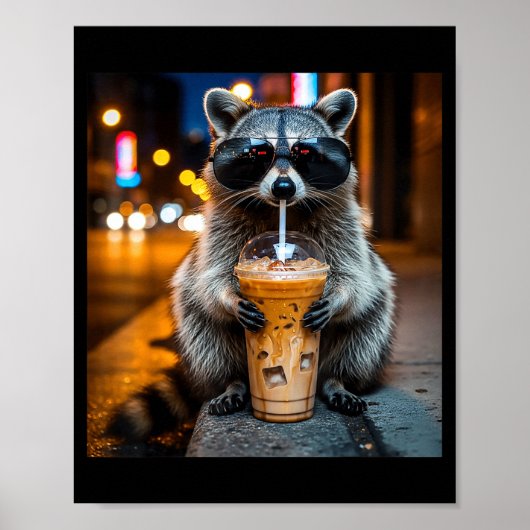 アライグマのアイスコーヒーが面白い動物のミーム ポスター (正面)