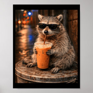 アライグマのアイスコーヒーメーム 笑える動物デザイン ポスター