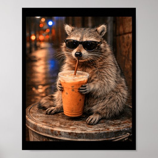 アライグマのアイスコーヒーメーム 笑える動物デザイン ポスター (正面)