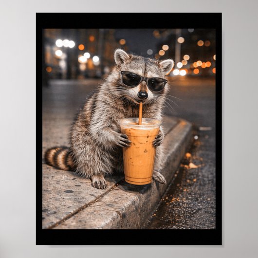 アライグマのアイスコーヒーメーム 笑える動物デザイン ポスター (正面)