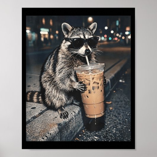 アライグマのアイスコーヒー 男性向け 動物おもしろミーム ポスター (正面)