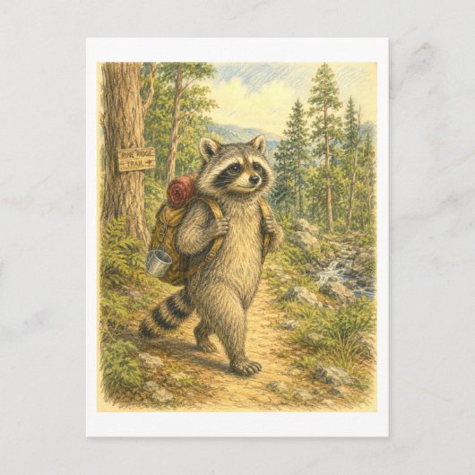 アライグマのハイキングのイラスト ポストカード (正面)