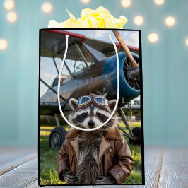 アライグマのパイロット飛行機の面白い写真 誕生日 ミディアムペーパーバッグ