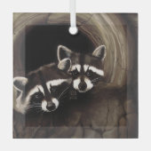 アライグマのペアの木のうろの森の野生動物の茶色 ガラスオーナメント (正面)