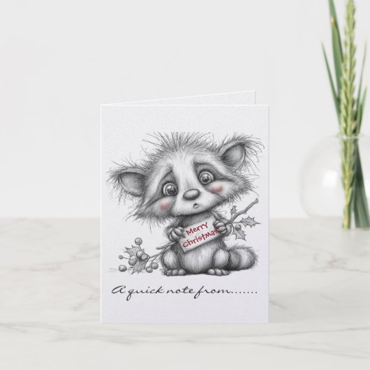 アライグマのメリークリスマス 黒と白のサイン ノートカード (正面)
