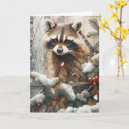 アライグマの冬のシーンのグリーティングカード - 動物のグリーティングカード カード (黄色い花)