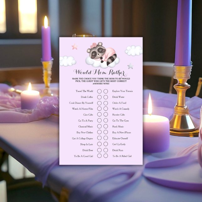 アライグマの女の子の赤ちゃんシャワーのゲームは母親よりもむしろ… (Raccoon Girl Baby Shower Game Would Mom Rather..)