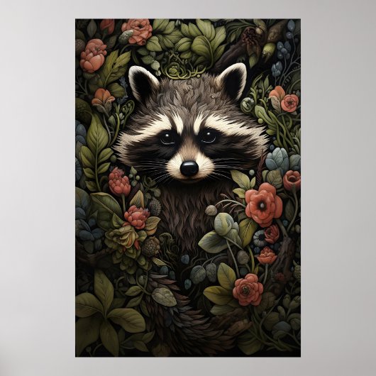 アライグマの花の植物画 ダークアカデミアの壁 ポスター (正面)