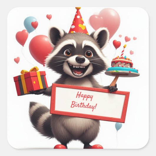 アライグマの誕生日おめでとう バルーン🎁 スクエアシール (正面)