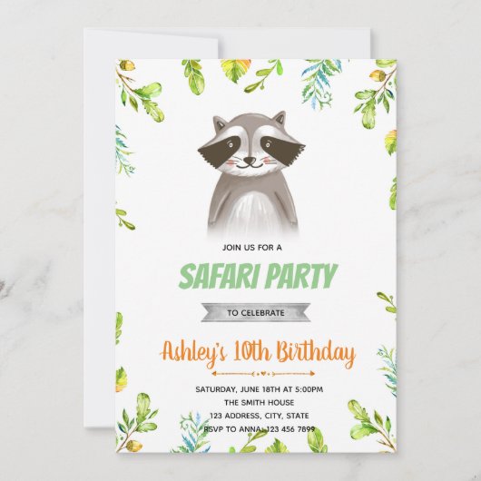 アライグマの誕生日のパーティー招待状 招待状 (正面)