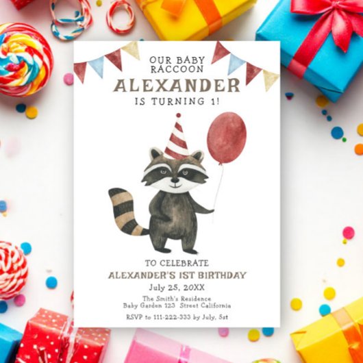 アライグマの赤ちゃん 1歳の誕生日 招待状