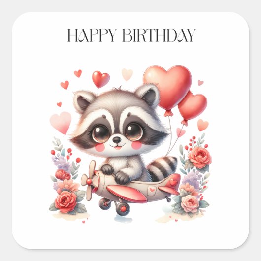 アライグマの飛行誕生日 スクエアシール (正面)