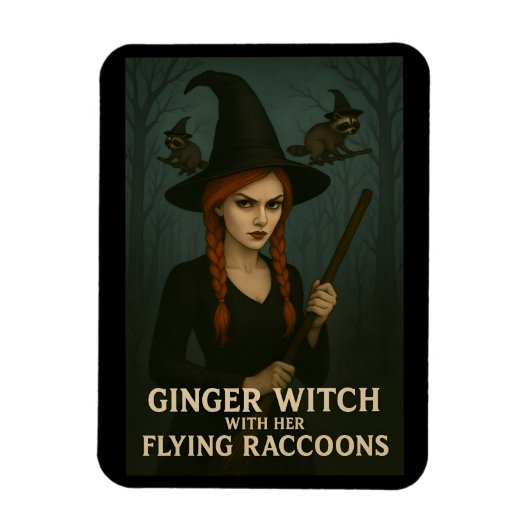 アライグマを持つジンジャー飛んでいる魔女 マグネット (縦)