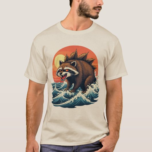 アライグマジラ 波 - ヴィンテージな日本美術デザインの Tシャツ (正面)