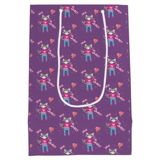 アライグマパターン子供の紫色のバレンタインデーのギフトバッグ ミディアムペーパーバッグ (裏面)