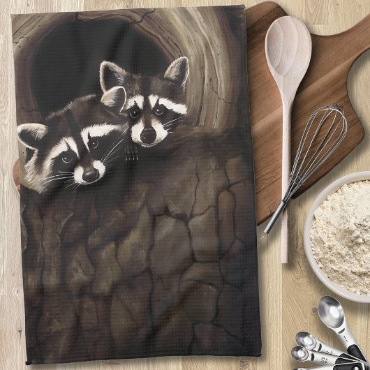 アライグマ茶色のかわいい木 キッチンタオル