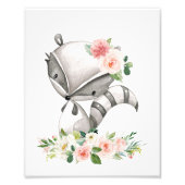 アライグマ、ウッドランド動物、ボホ、ピンクの花 フォトプリント (正面)