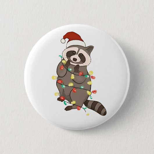 アライグマ メリークリスマス ライト サンタ帽子 クリスマス スノー 缶バッジ (正面)