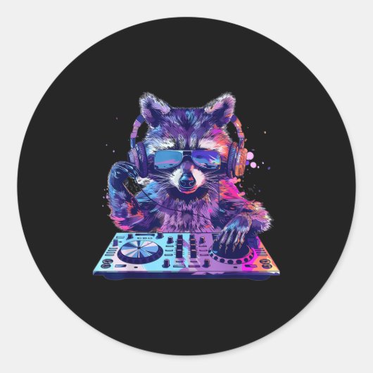 アライグマ DJ EDM テクノ ハウスミュージック おもしろい 動物好き ラウンドシール (正面)