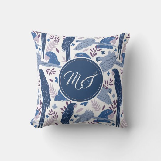 アラオウム青熱帯模様モノグラム クッション (正面)