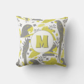 アラオウム黄灰色熱帯模様モノグラム クッション (正面)