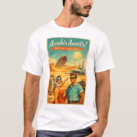 アラキスがあなたを待つ - 1950年代風レトロSF旅行ポスター Tシャツ (正面)