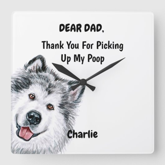 アラスおもしろいカ・マラミュート・パパ・ウォーター・カラー・イヌ・アート  スクエア壁時計 (正面)