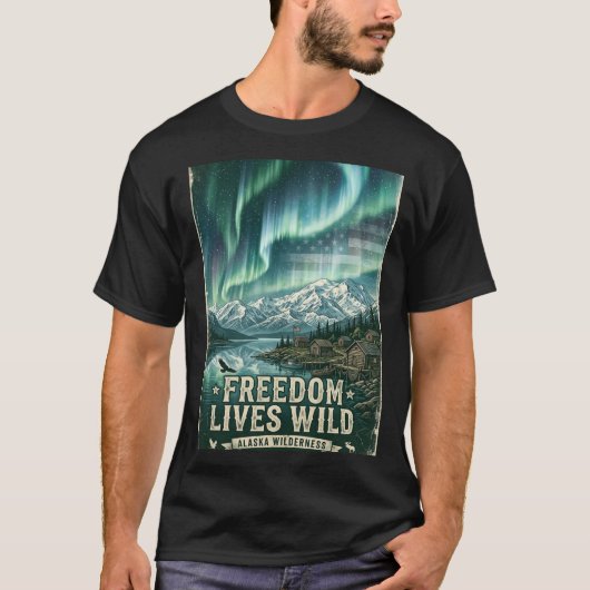 アラスカのオーロラのキャビンで生きる自由 Tシャツ (正面)